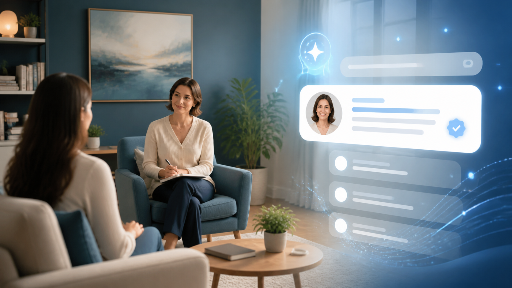 A calm, modern therapy office with subtle digital AI elements suggesting online visibility